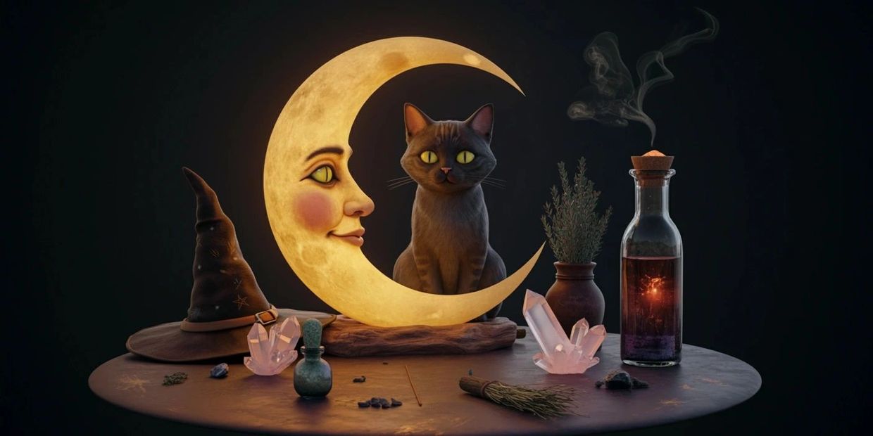 A mystical scene with a crescent moon, black cat, witch hat, exquisite crystals, premium incense, witchcraft herbs, and potion on a round table.