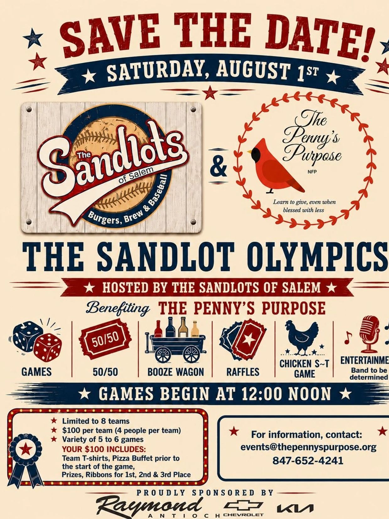 Save the date for The Sandlot Olympics on August 1st with games, raffles, and more.