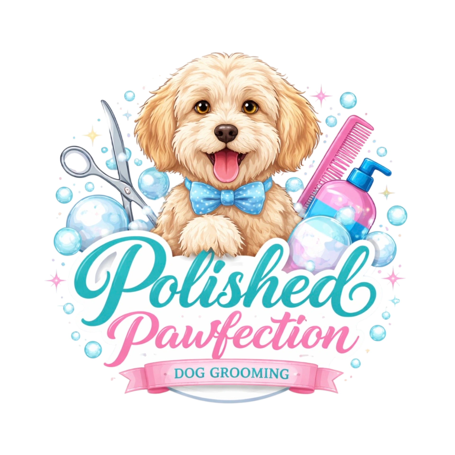 Cute dog grooming logo with a happy puppy and grooming tools.