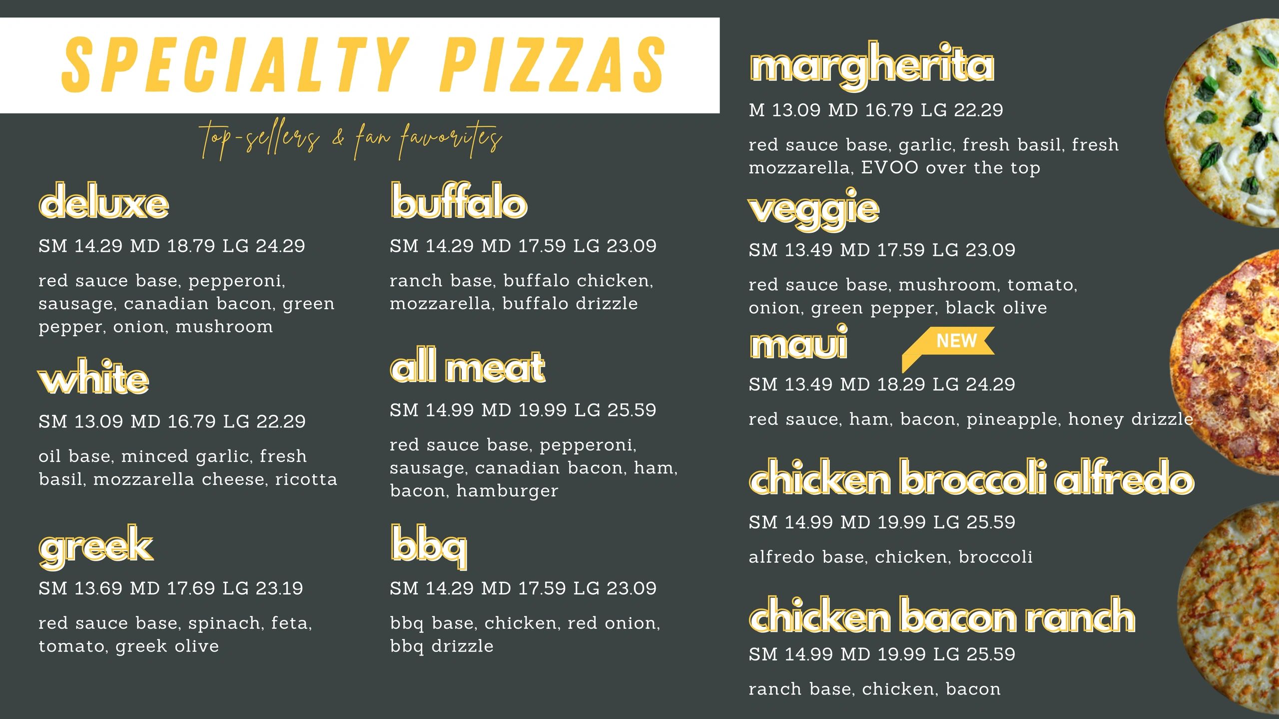 Specialty pizzas menu