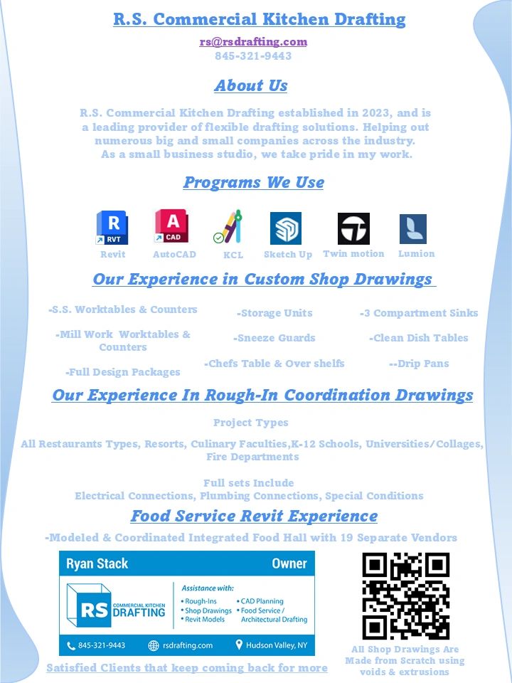 Flyer for R.S. Commercial Kitchen Drafting outlining services and contact info.