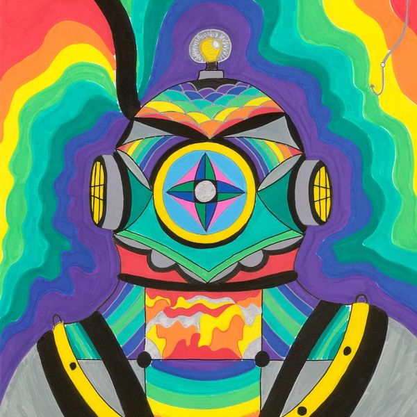 Colorful psychedelic artwork featuring and old-fashioned diving helmet.
