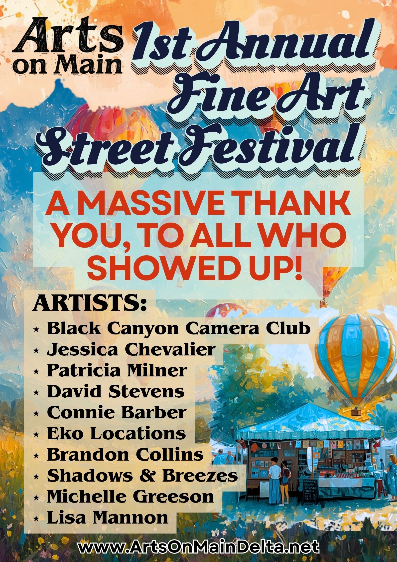 Arts on Main 1st Annual Fine Art Street Festival thank you poster with artist list.