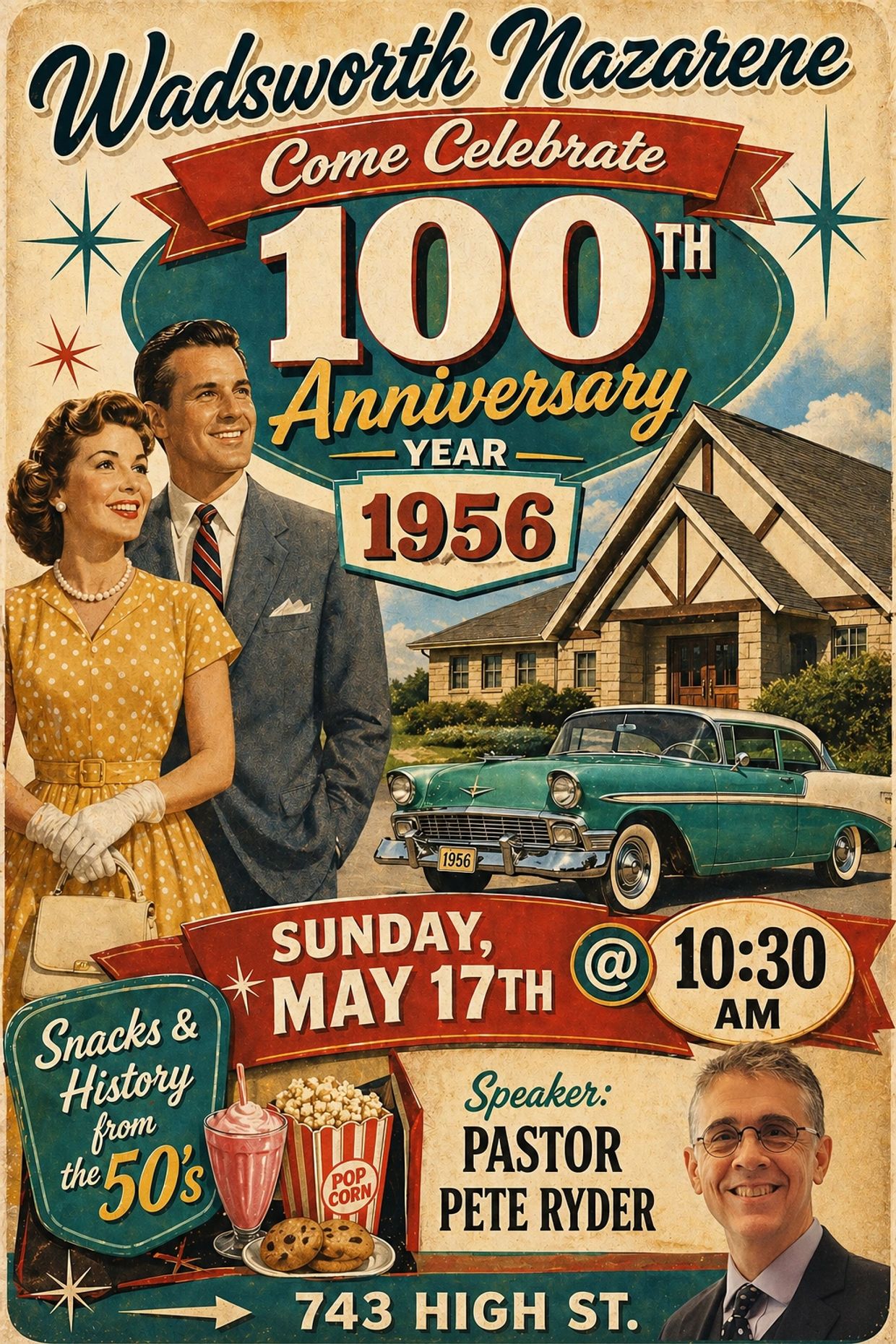 Vintage-style poster celebrating Wadsworth Nazarene's 100th anniversary in 1956 with a retro car and couple.