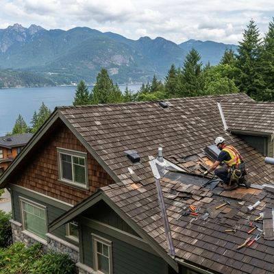 Worker repairing a roof on a scenic mountainside house.