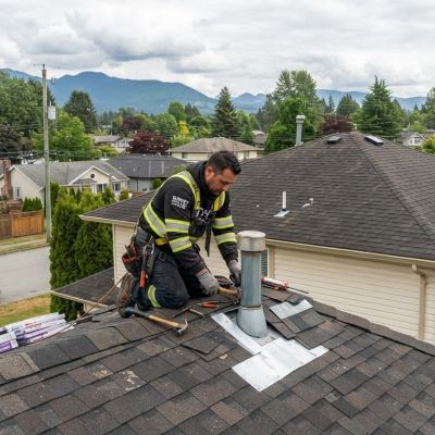 Roofer fixing a vent pipe on a shingled roof.