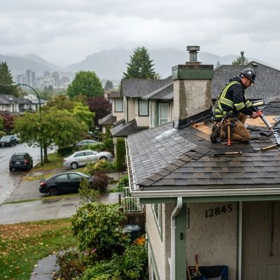 Worker repairing roof shingles on a house.