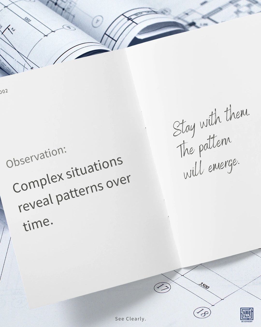 Open booklet with insightful message about patterns and observation.