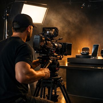 Videographer filming tech products in a studio setup.