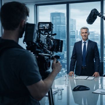 Businessman being filmed for a corporate video in a modern office.