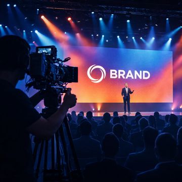 A presenter speaks on stage at a branded event with a cameraman filming.