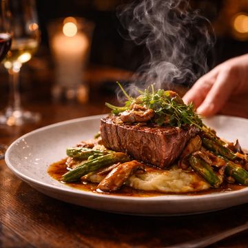 Steaming steak with asparagus, mushrooms, and mashed potatoes on a white plate.