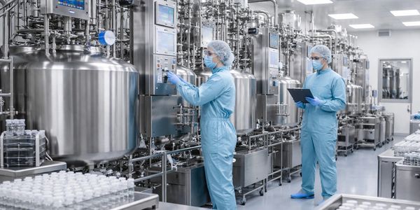 Two workers in protective suits operate machinery in a sterile pharmaceutical manufacturing facility.