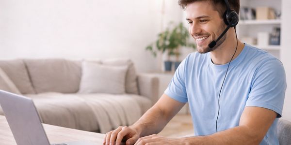 Man wearing headset smiling while working on laptop at home.