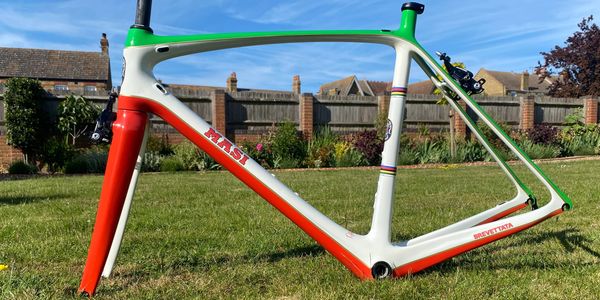 Colorful MASI bicycle frame in a garden on a sunny day.