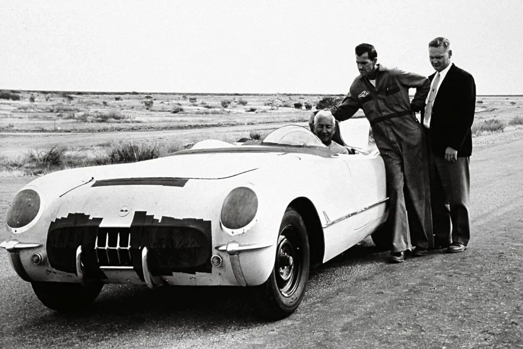 Captured during high-speed testing at the Arizona Proving Grounds, this image shows the Corvette EX-87 in its most critical role: a purpose-built test mule engineered to validate sustained top-speed performance. The car’s stripped windshield, improvised nose treatment, and minimal bodywork reflect its singular mission—cutting aerodynamic drag while evaluating the limits of Chevrolet’s experimental small-block V8. In this configuration, the EX-87 would ultimately record a verified top speed of 163 mph, an extraordinary figure for a mid-1950s American production-based sports car. The photograph underscores how empirical testing—not styling exercises—was reshaping the Corvette’s engineering trajectory. (Image source: GM Media LLC)