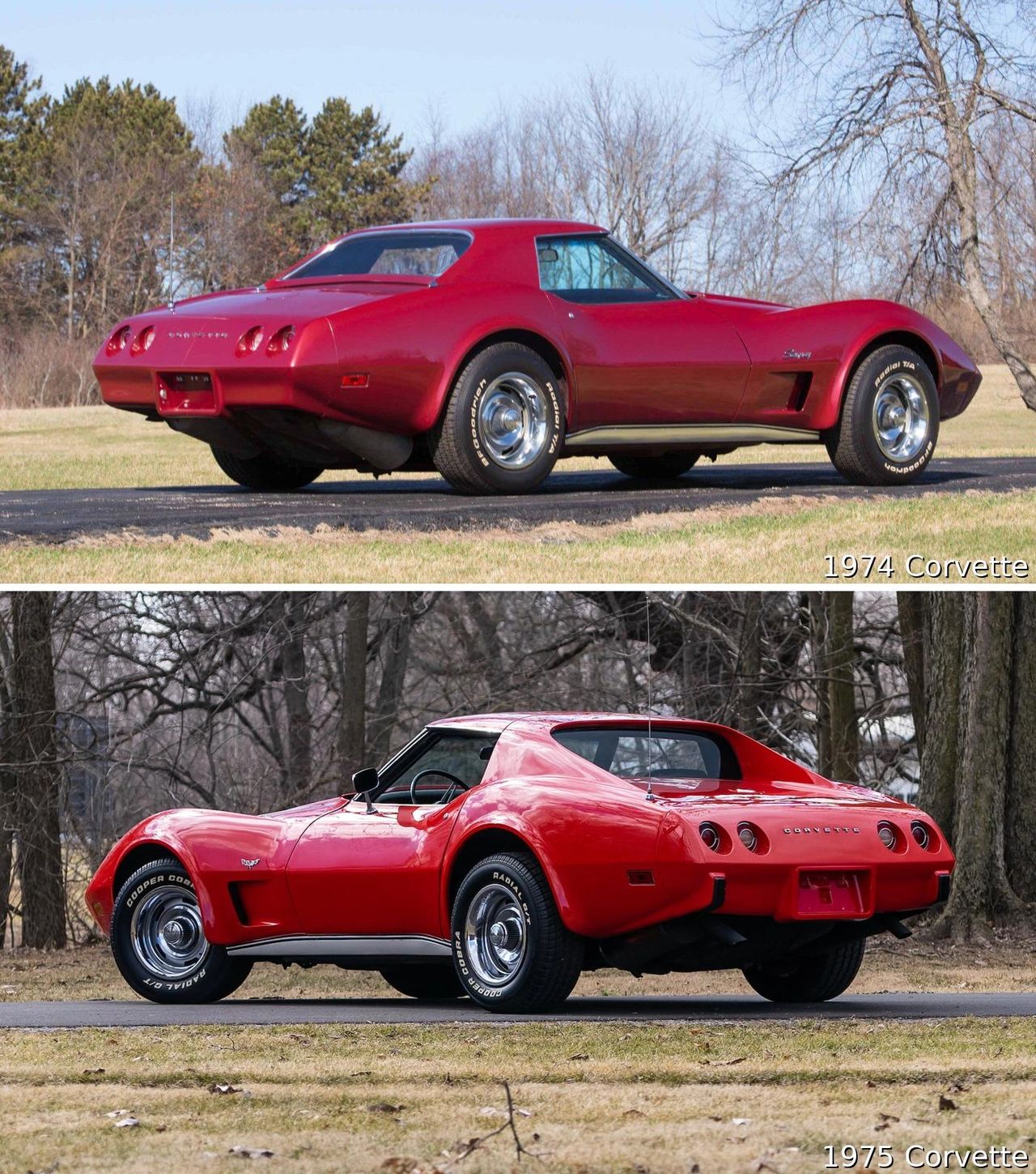 At first glance, the 1974 and 1975 Corvettes appear nearly identical, sharing the same flowing body lines, T-top roof, and unmistakable long-hood silhouette. But while the overall shape remained consistent, the 1975 model introduced subtle yet meaningful changes that reflected the Corvette’s gradual evolution. Most visibly, black bumper pads were added at the outer corners of the front and rear fascias—an understated but functional response to new federal regulations requiring cars to withstand low-speed (5 mph) impacts without damage. Beneath the surface, the ’75 Corvette saw refinements in emissions control, ride quality, and safety, shifting the model toward a quieter, more civilized driving experience. Together, these updates marked the Corvette’s slow but steady move away from raw edge and toward a more integrated, modern feel—without abandoning its performance roots.