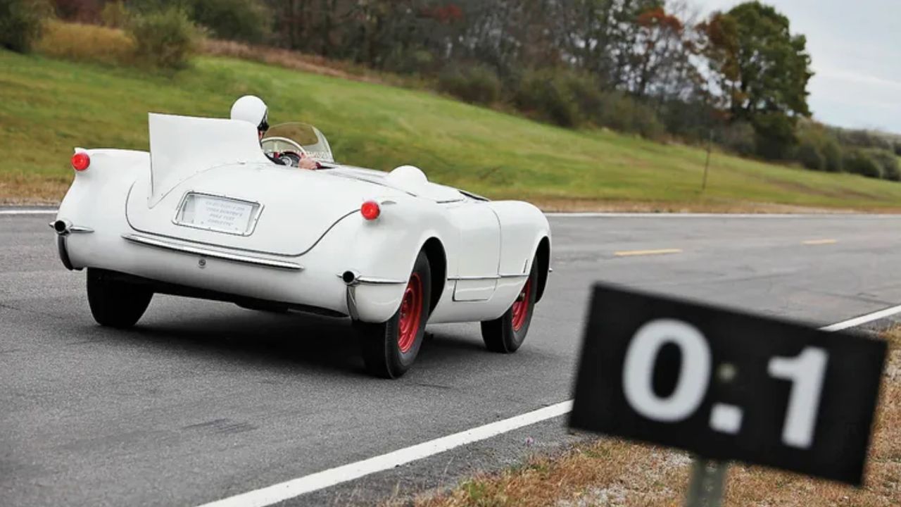 Captured during Hot Rod’s modern drive of the EX-87 survivor, this image shows the car easing away down the test road with Jeff Smith—the article’s author—at the wheel. As Smith notes in the feature, the car remains remarkably faithful to its 1955–56 configuration, from the faired single-seat layout to the red steel wheels and minimalist rear bodywork that once served a very specific aerodynamic purpose. Seen from behind, the EX-87 looks less like a museum artifact and more like what it has always been: a tool built to move forward, not to stand still. As it disappears down the course, the image becomes a fitting metaphor for the car itself—an experiment that proved its point, shaped Corvette’s future, and then quietly drove on, leaving a legacy far larger than its footprint. (Image source: Hot Rod Magazine)