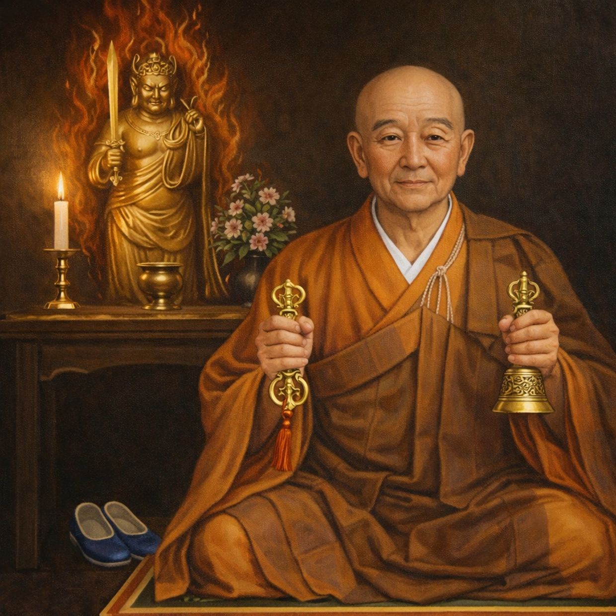 A serene monk in orange robes holds ritual objects, seated in front of a fiery statue and candle.