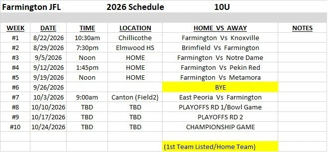 2026 schedule for Farmington JFL 10U baseball team.