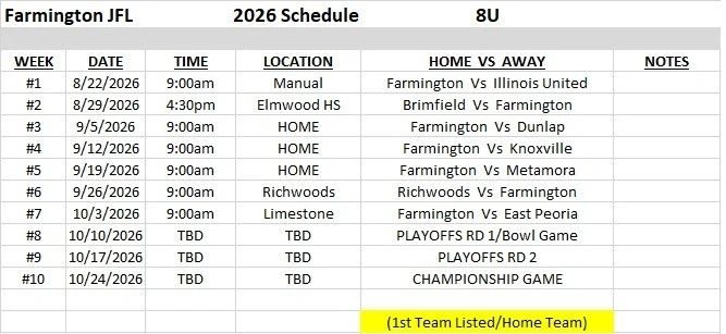 8U youth soccer team schedule for Farmington JFL, 2026.