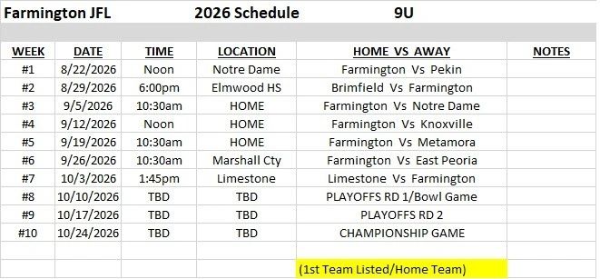 Farmington JFL 2026 9U football schedule with home and away games.