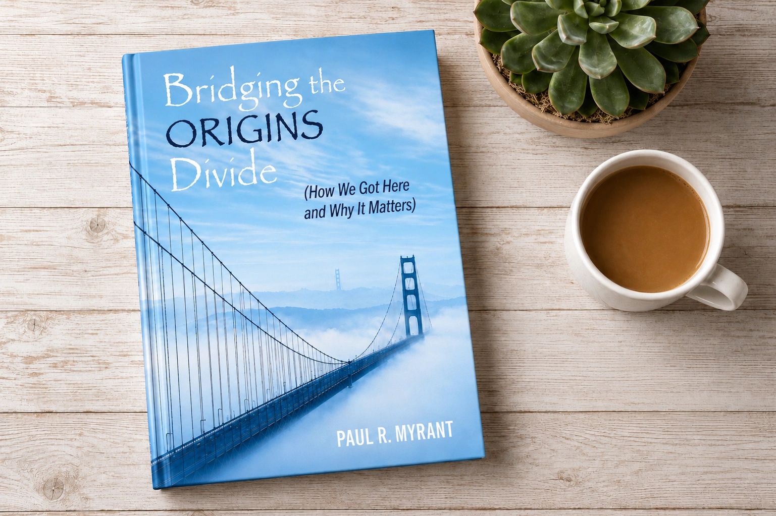 Book titled Bridging the Origins Divide with a cup of coffee and a plant