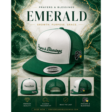 Green and white trucker hats with Prayers &amp; Blessings logo, promoting growth and grace.