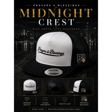 Midnight Crest trucker hat with prayers &amp; blessings design, set against a city skyline.