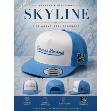 Skyline trucker hat in blue and white with Prayers &amp; Blessings logo and tagline.