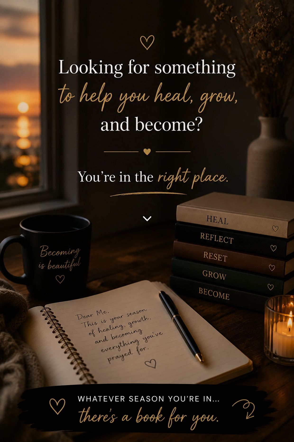Inspirational setup with books and journal for healing and growth.