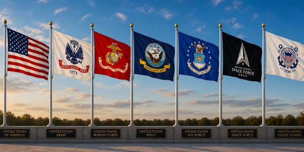 Flags of the U.S. military branches displayed outdoors at sunset.