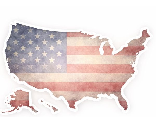 Map of the United States with an American flag overlay.