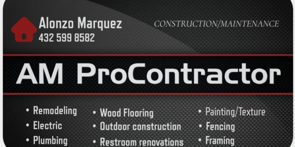 Business card for AM ProContractor offering remodeling and construction services.