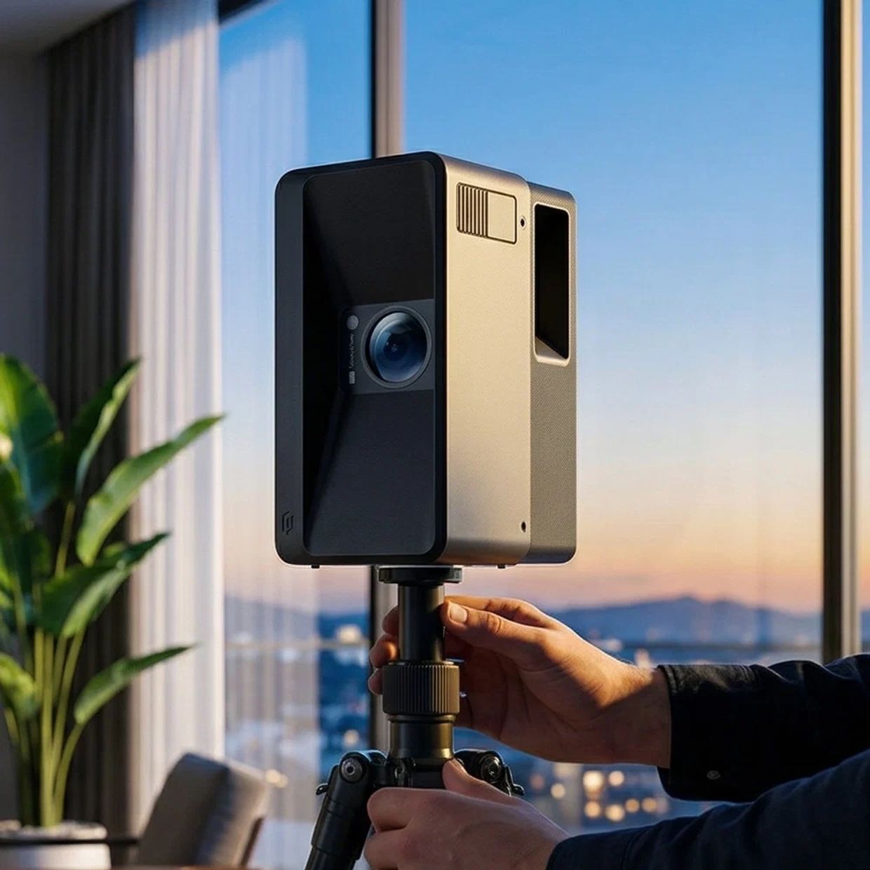 Person adjusting a modern projector on a tripod indoors.
