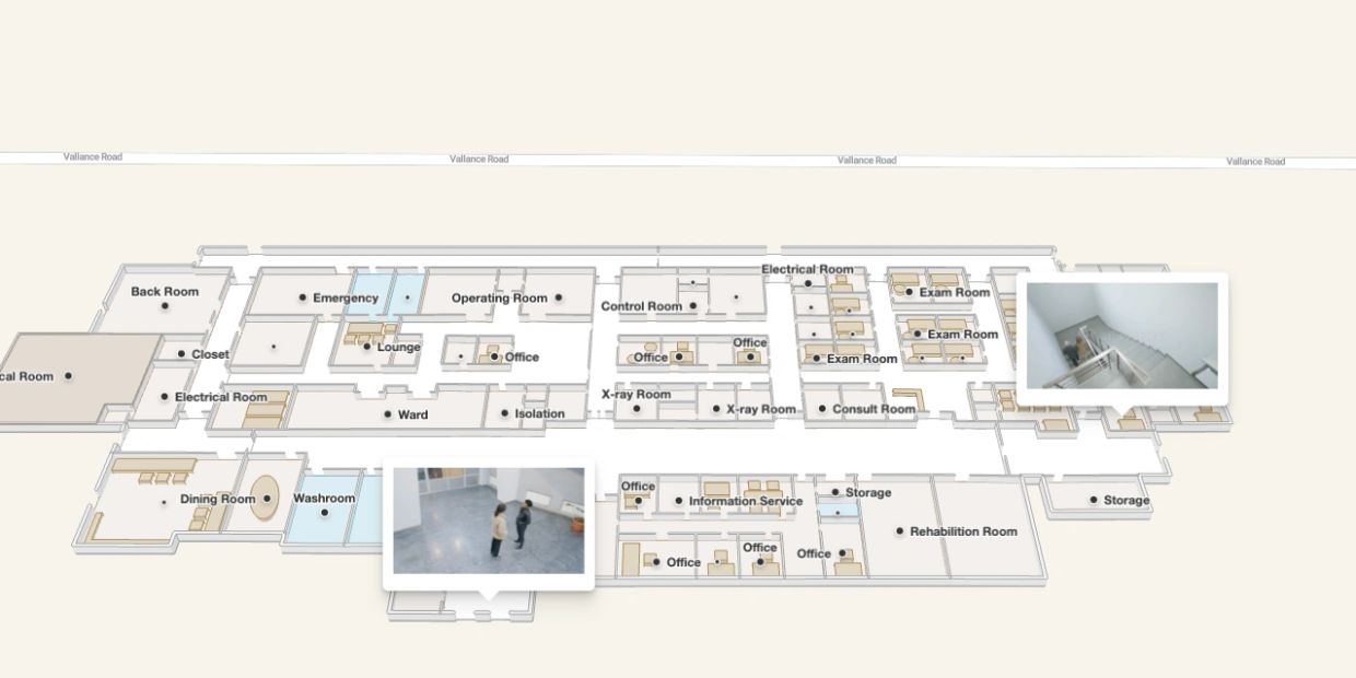 3D hospital floor plan with room labels and inset photos.