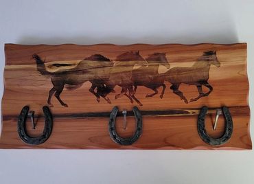 Live Edge Western Decor Key Holder  with engraved horses running.  Gift for cabin, farmhouse . 