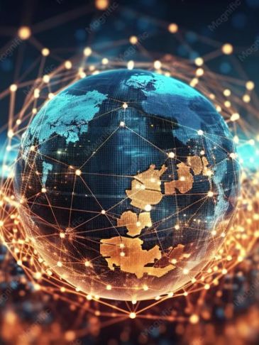 Digital globe connected by network lines and points.