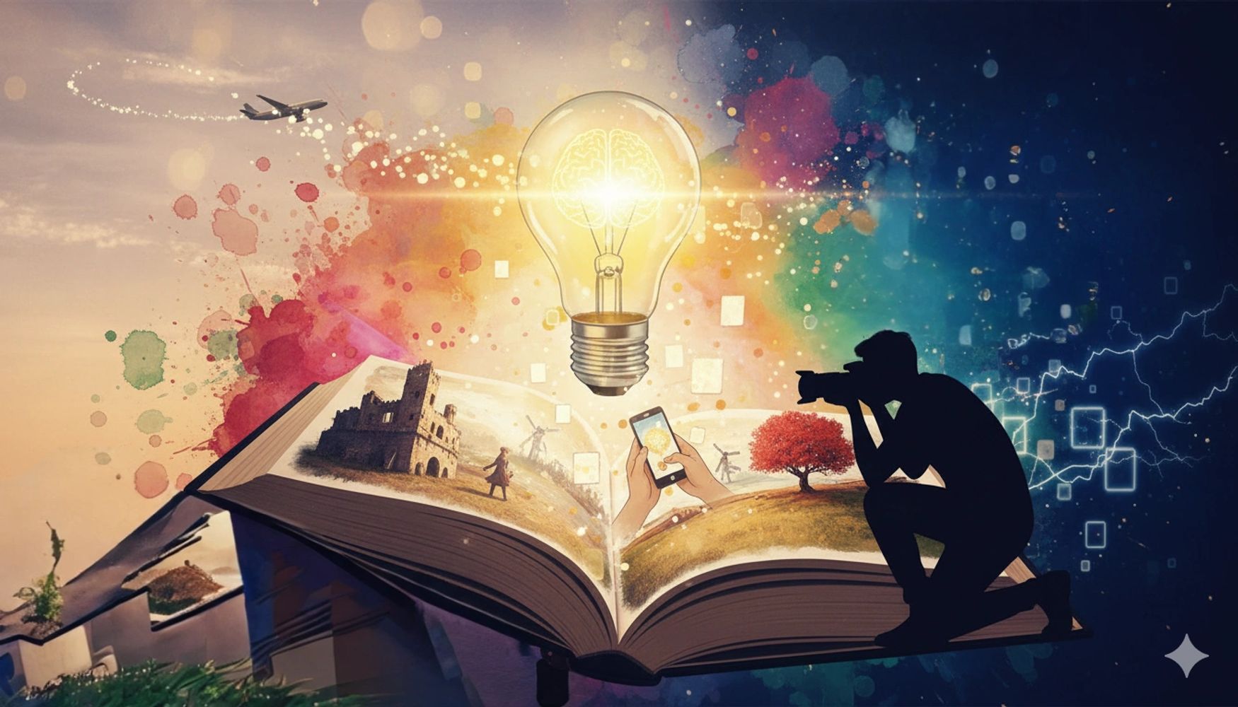 A silhouette photographer captures a magical open book with a glowing light bulb and vivid scenes.