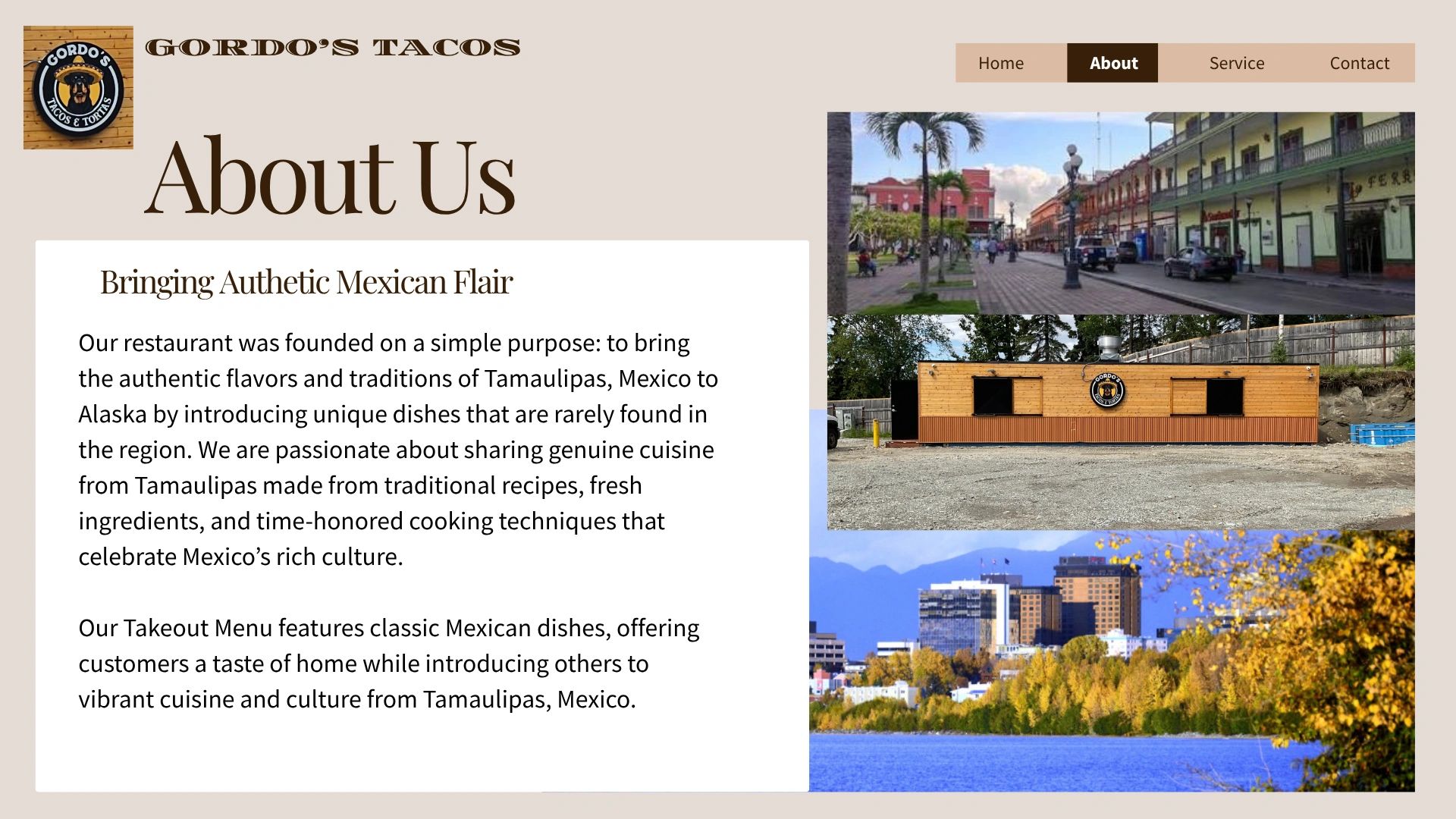 About Us page for Gordo's Tacos featuring authentic Mexican cuisine from Tamaulipas to Alaska.