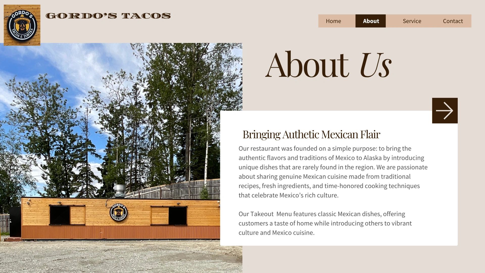 Website About Us page for Gordo's Tacos featuring authentic Mexican cuisine.