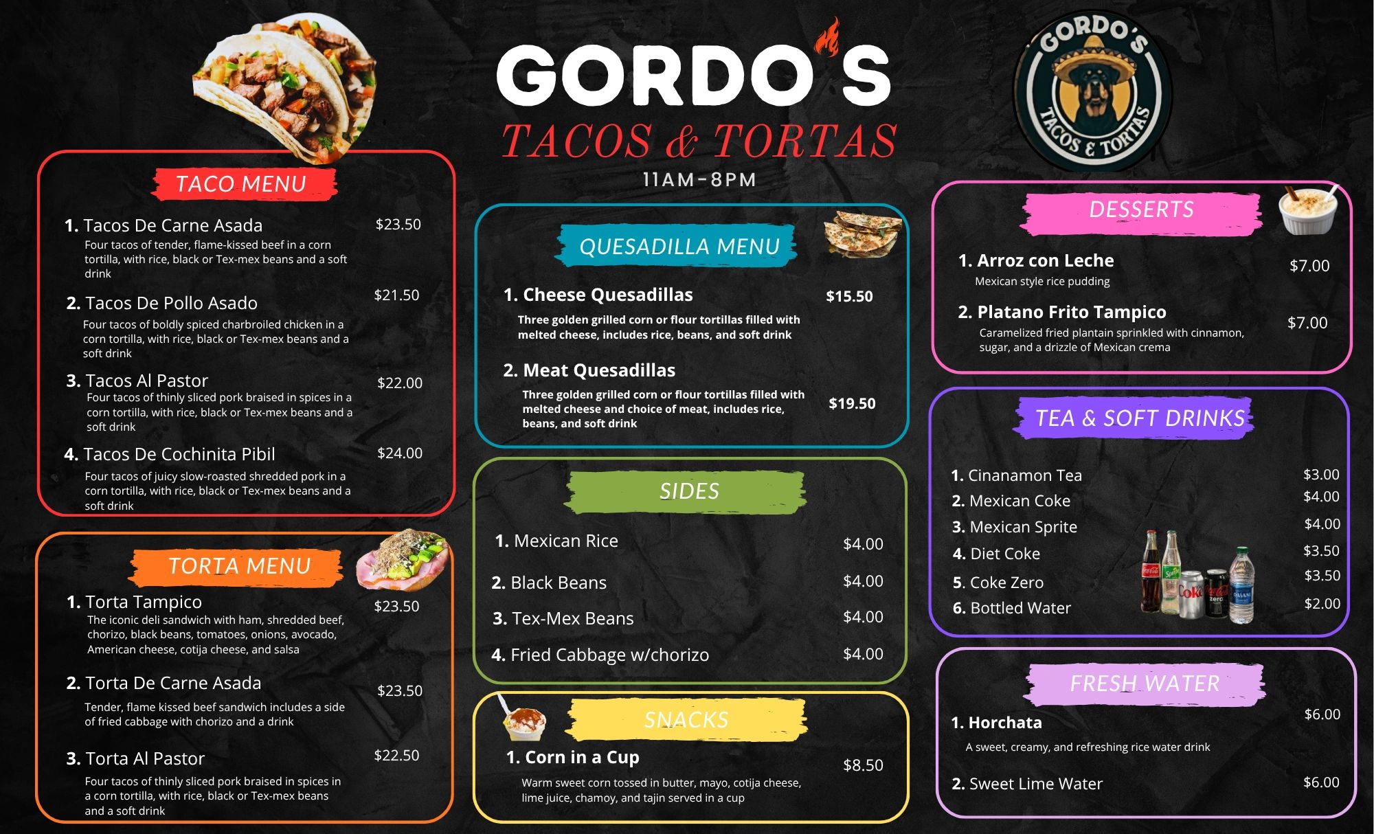 Gordo's Tacos &amp; Tortas menu with various Mexican dishes and drinks.