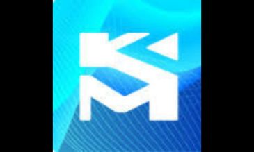 Abstract white geometric logo on a blue gradient background.