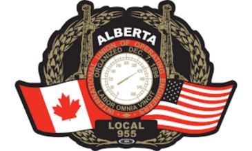 Union emblem featuring Canadian and American flags with a central gauge and Alberta text.