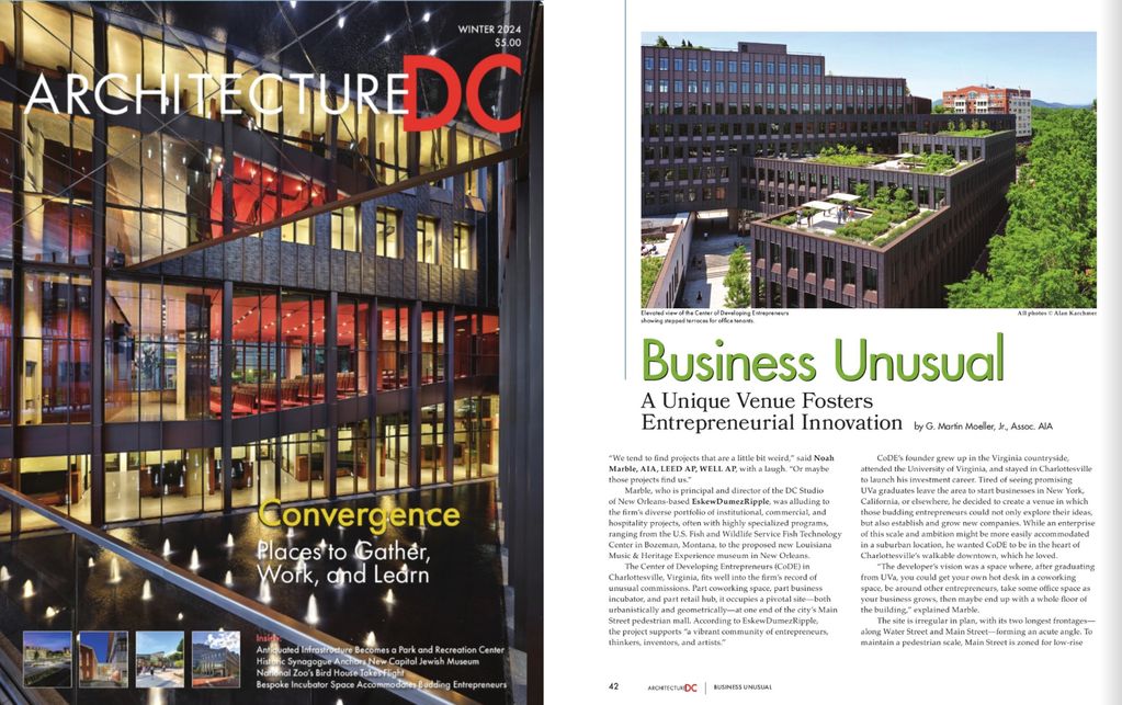 Architecture DC Winter 2024 cover and a feature on Business Unusual entrepreneurial venue.