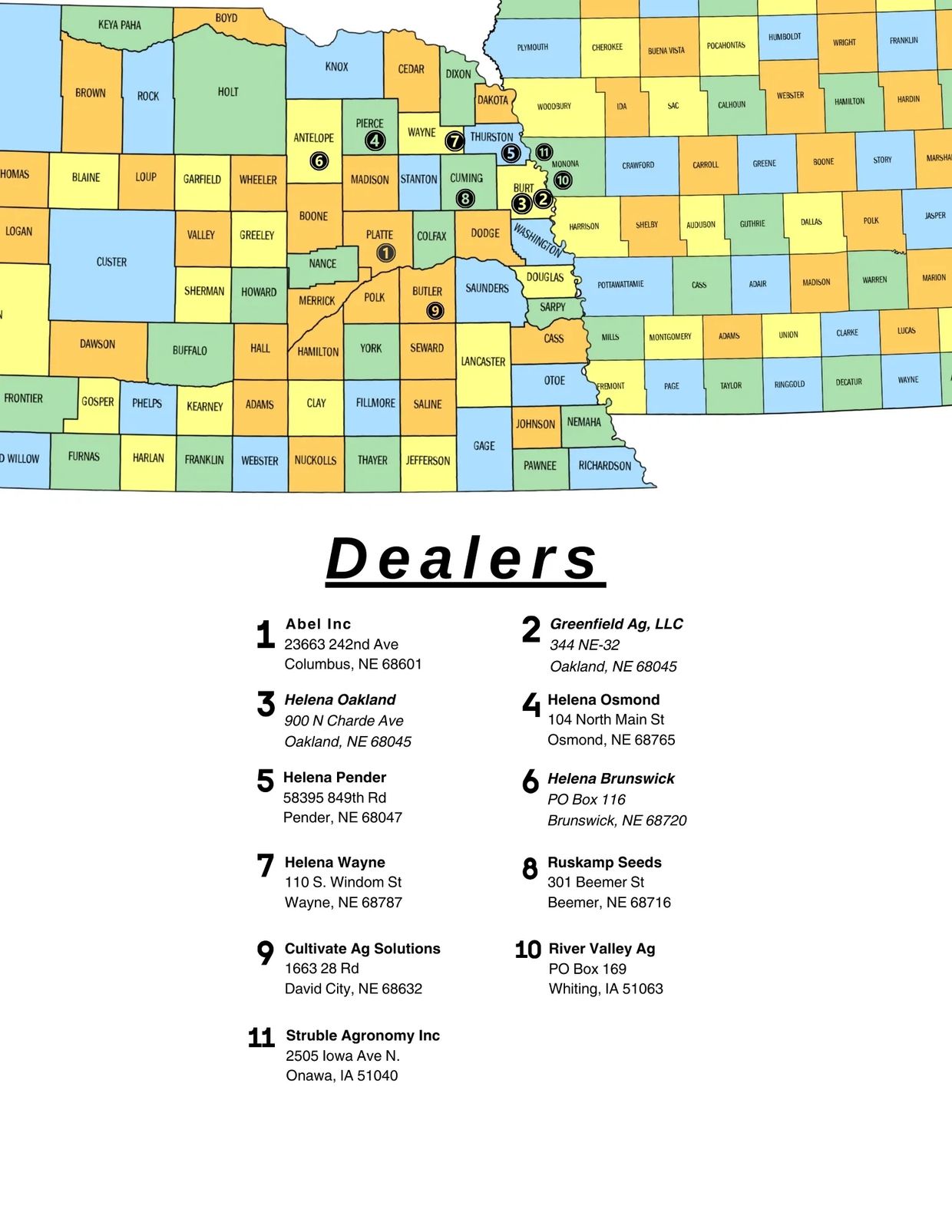 Map of authorized dealers of moisture probes in Nebraska and Iowa.