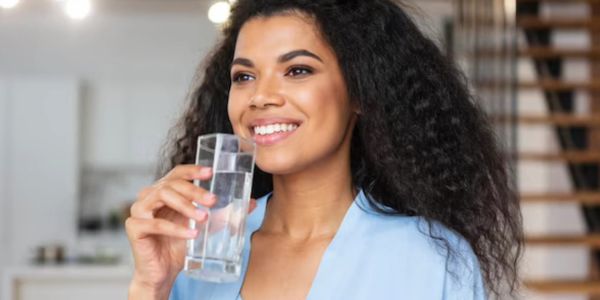 Woman smiling while holding a glass of water.