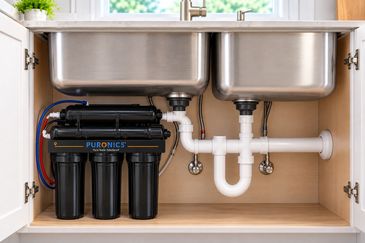 Under-sink water filtration system installed.