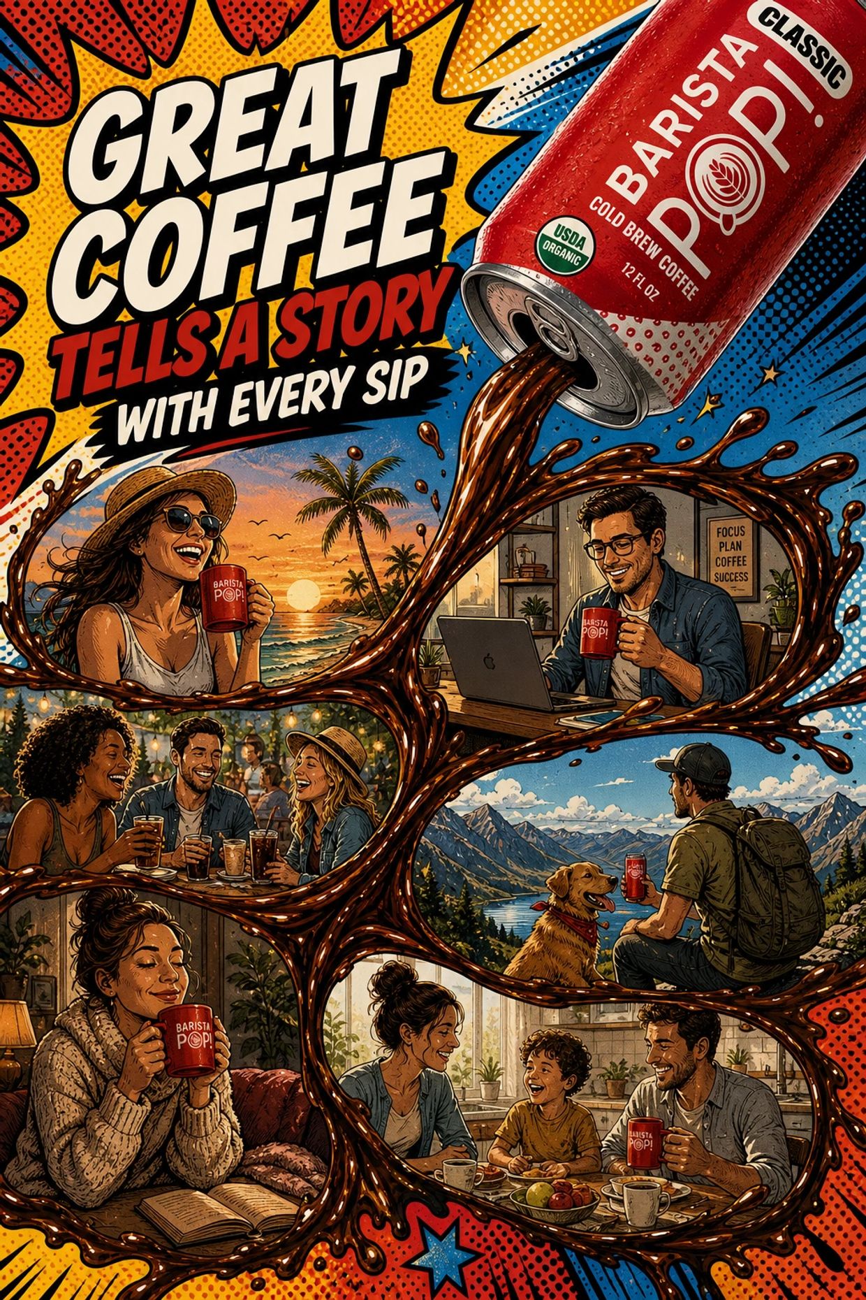 Illustration of people enjoying Barista Pop coffee in various joyful moments.
