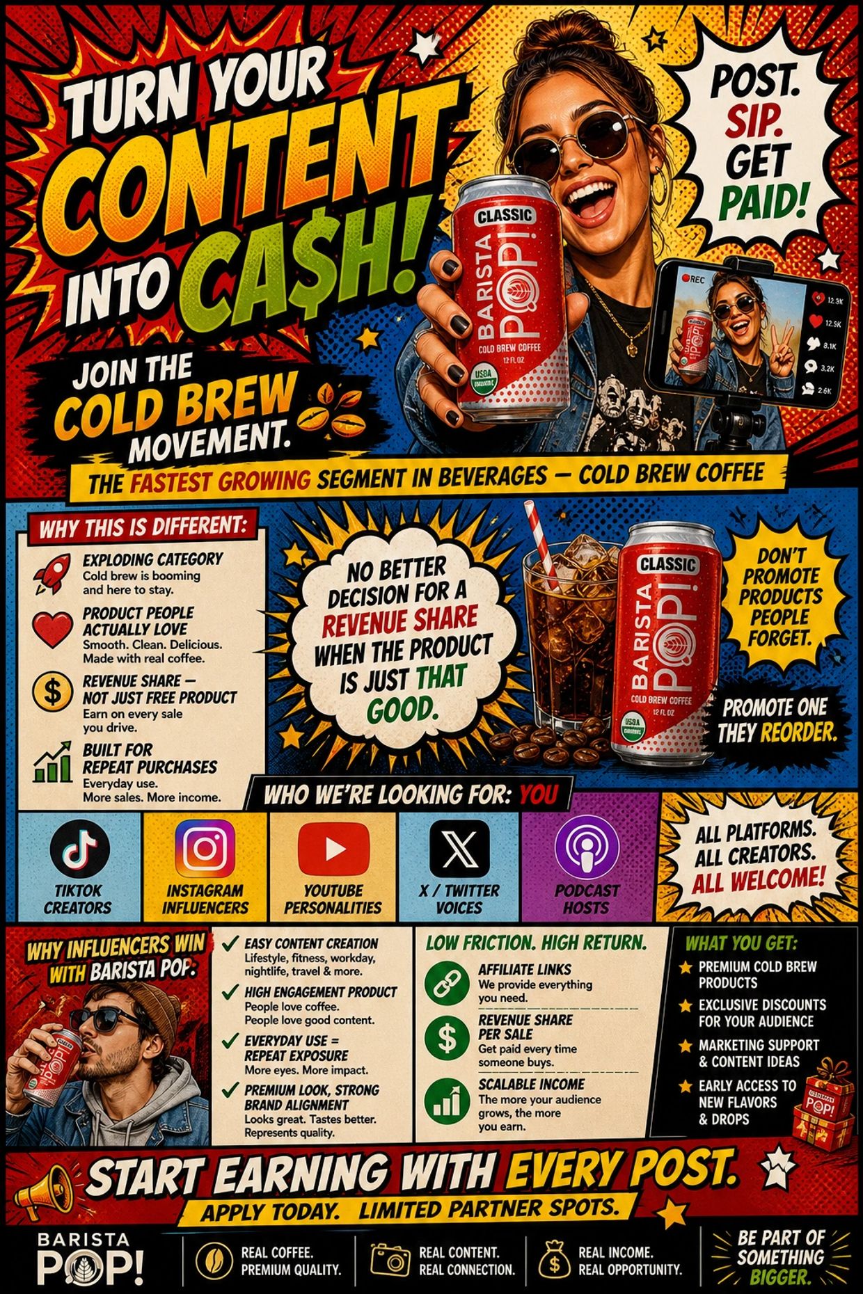 Barista Pop! invites creators to earn money promoting cold brew coffee with revenue share and repeat purchases.